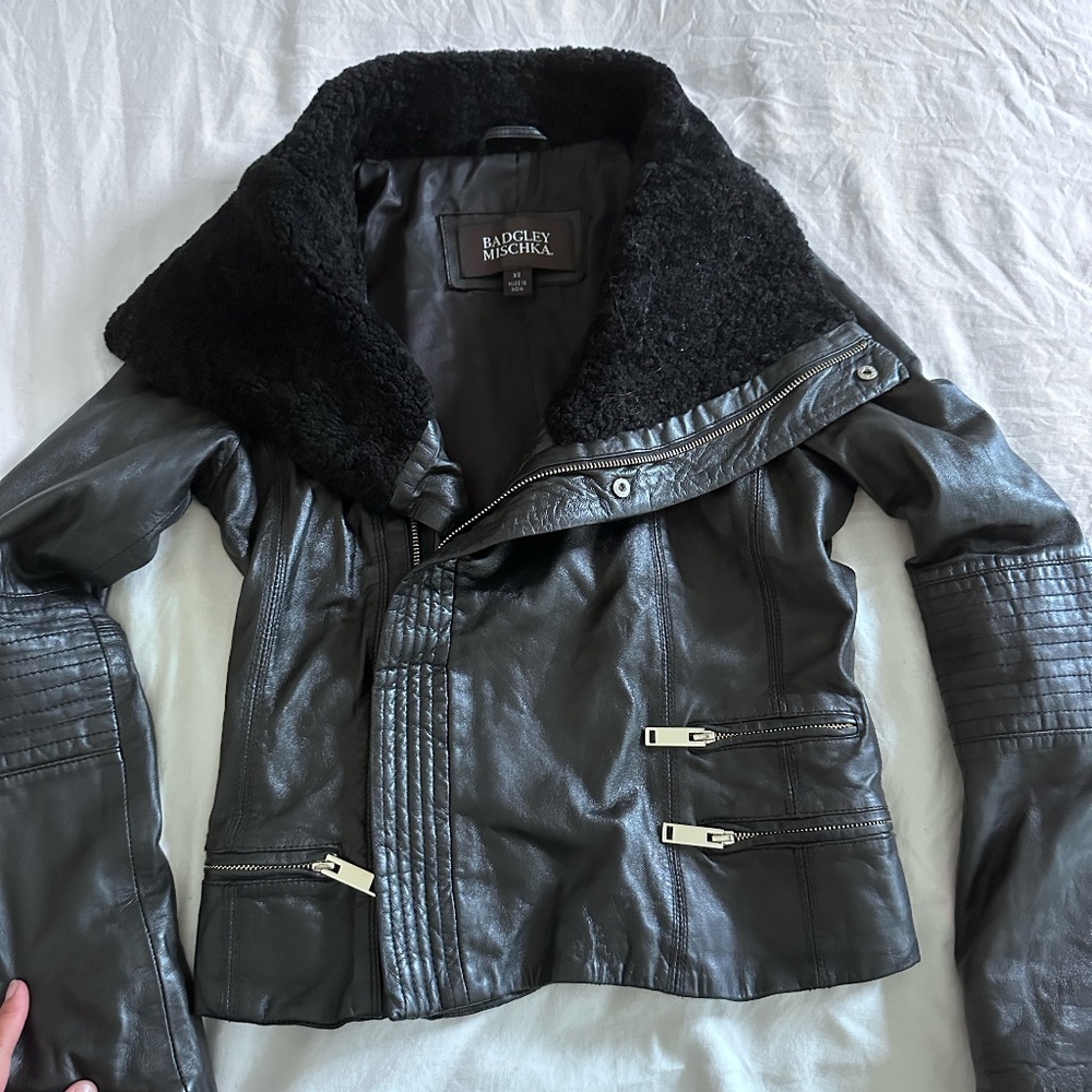 Badgley Mischka cropped, leather & shearling moto jacket